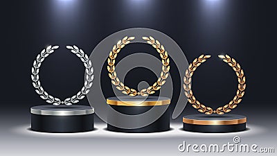 Stage podium with laurel wreath. Golden, silver and bronze stage podium in spot light. Stage podium for award ceremony. Vector Illustration